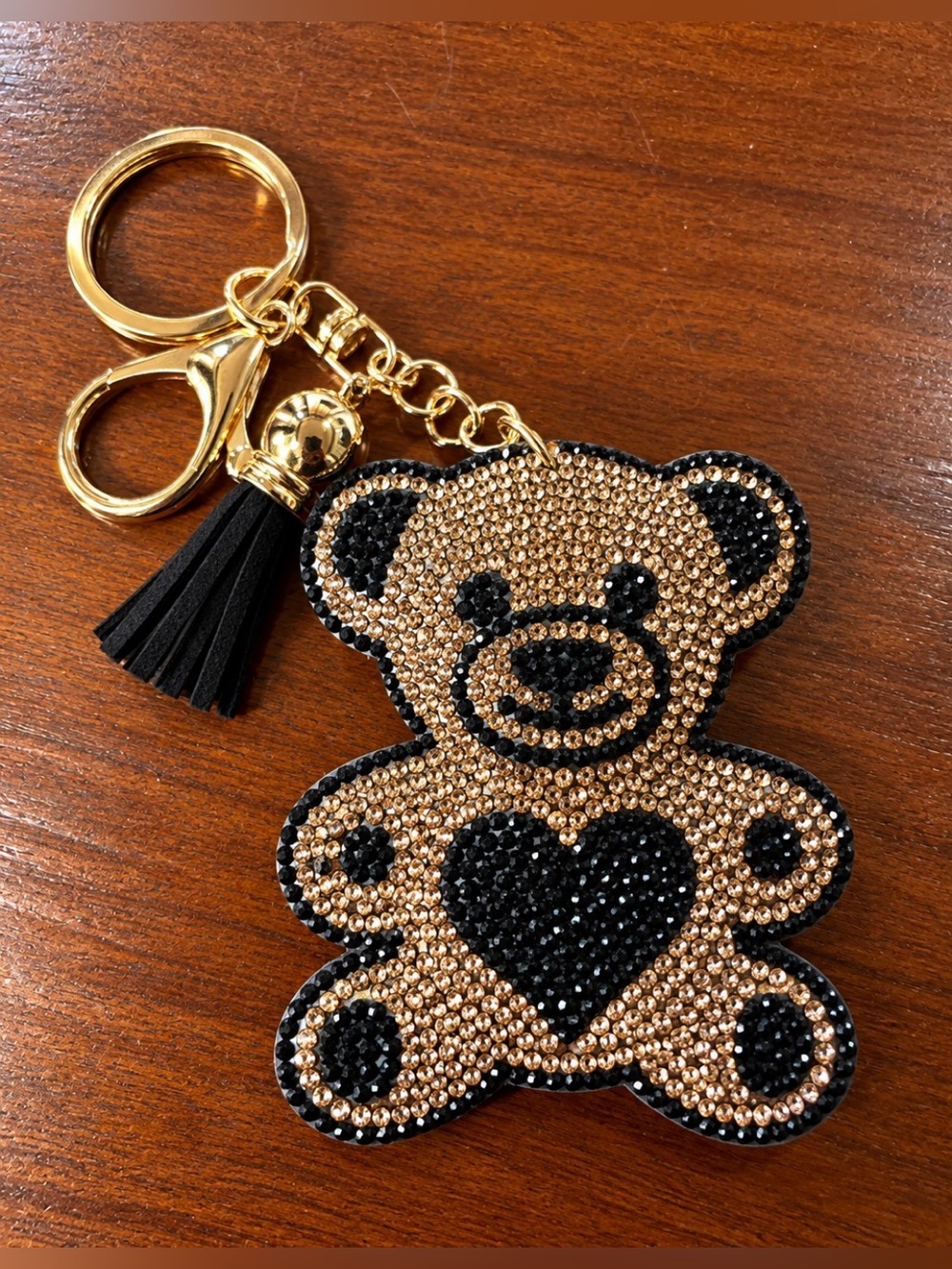 Teddy Bear Purse Charm Black & Gold Keychain